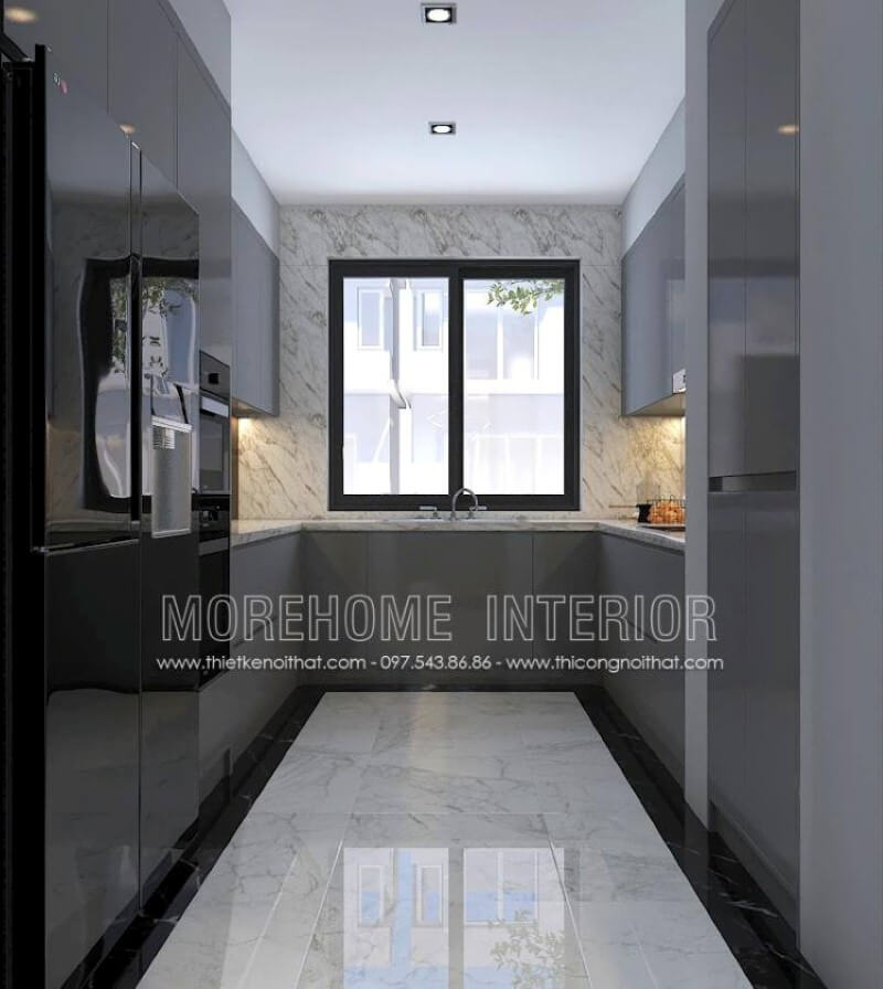 Xu hướng trang trí phòng bếp đẹp theo phong cách hiện đại sử dụng đá lớn ốp tường đang trở thành trào lưu vừa tăng tính thẩm mỹ mà còn giúp phòng bếp luôn được như mới. Hiện nay bạn còn có thể sử dụng đá uốn cong từ mặt bàn bếp và tường bếp để tạo sự liền mạch không một vết nối từ các dòng đá cao cấp như đá LG chuyên được thi công bởi Morestone. Thiết kế phòng bếp đẹp và sang trọng