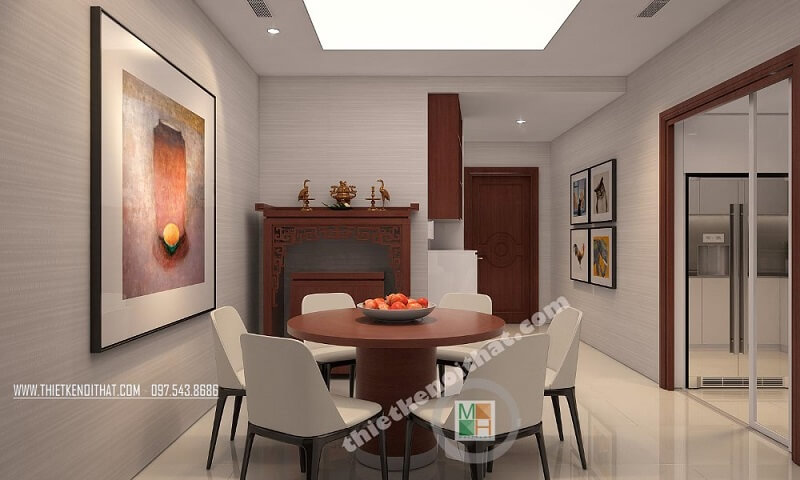 Thiết kế nội thất căn hộ chung cư Royal City Thanh Xuân đẹp với phòng bếp và bàn ăn liền kề rất thuận tiện mang đến cảm giác gần gũi cho gia chủ. Thiết kế chung cư