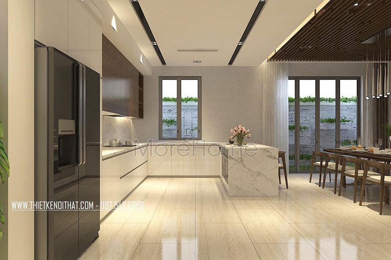 Khu vực bếp được thiết kế hiện đại với tông màu trắng mang đến sự sạch sẽ và ấm cúng tạo nguồn cảm hứng cho những món ăn ngon Thiết kế phòng bếp hiện đại