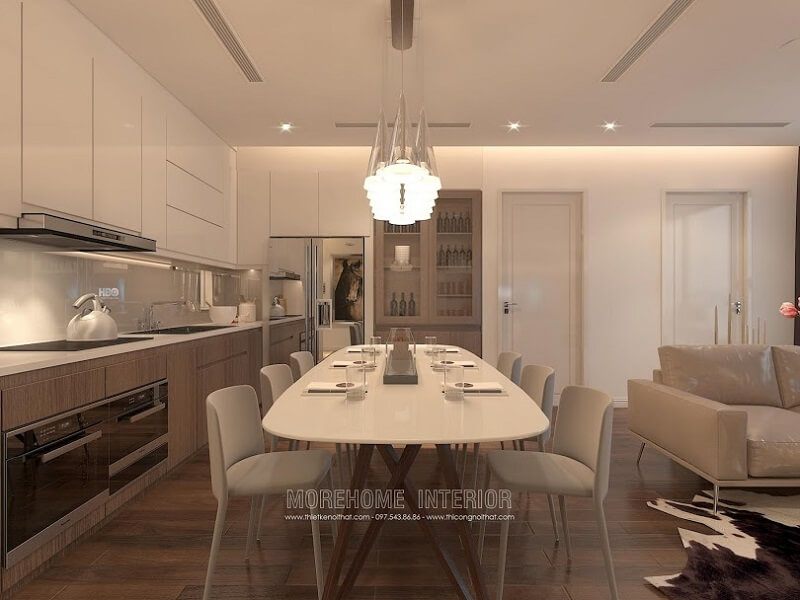 Mẫu bàn ăn đẹp màu trắng trẻ trung kết hợp với 6 ghế ăn bọc da sang chẳng mang đến không gian phòng ăn ấn tượng cho gia chủ
