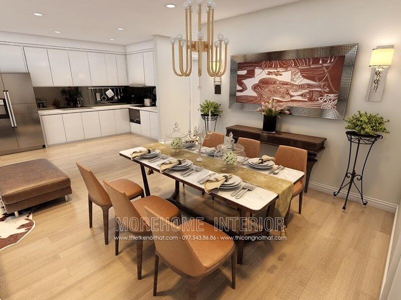 Bộ bàn ăn 6 ghế đẹp với bàn ăn sử dụng gỗ acrylic kết hợp ghế gỗ tự nhiên bọc da màu cam nổi bật tạo điểm nhấn nổi bật cho căn phòng