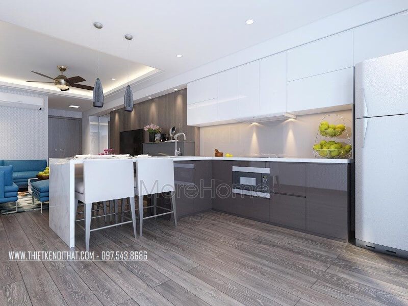 Phòng bếp hiện đại gây ấn tượng với gia chủ bởi đá ốp bếp màu trắng vân mây tinh tế