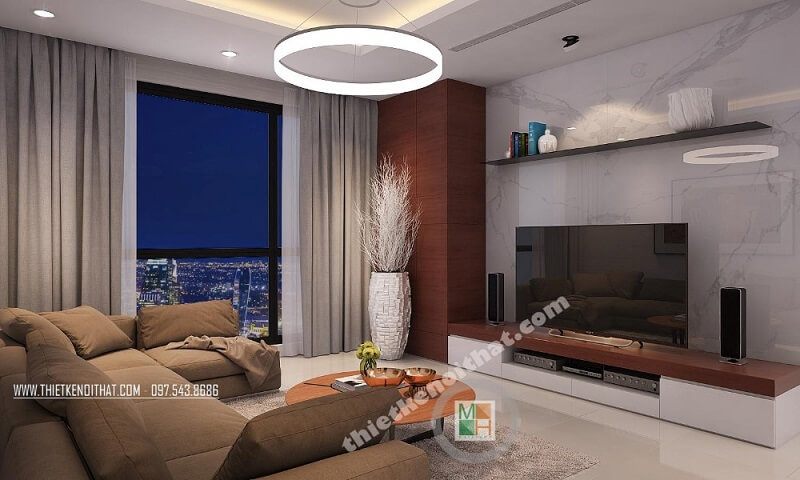 Trang trí nội thất phòng khách chung cư đẹp với bộ sofa bọc vải cao cấp kết hợp đèn trang trí ấn tượng mang đến không gian lí tưởng