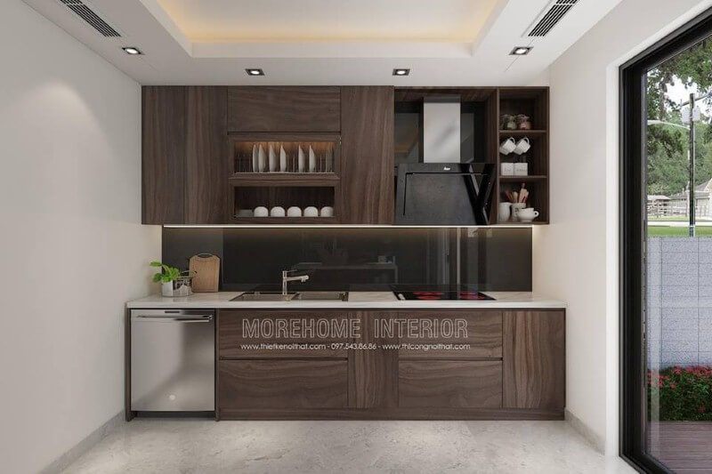 Tủ bếp laminate chữ i hiện đại đẹp với cách bố trí khoa học từ vị trí để máy rửa bát, bếp từ, bồn rửa, máy hút bụi.