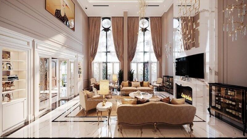 Trang trí nội thất phòng khách tân cổ điển đẹp, sang trọng tại Vinhomes Imperia Hải Phòng.