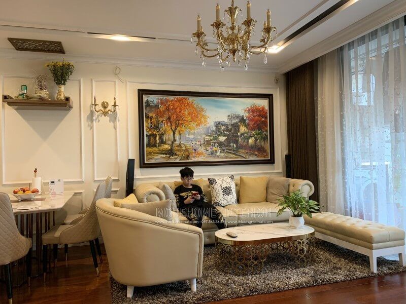 Thi công sofa phòng khách bọc da phong cách tân cổ điển đẹp cao cấp ở chung cư vinhomes nguyễn chí thanh quận đống đa hà nội