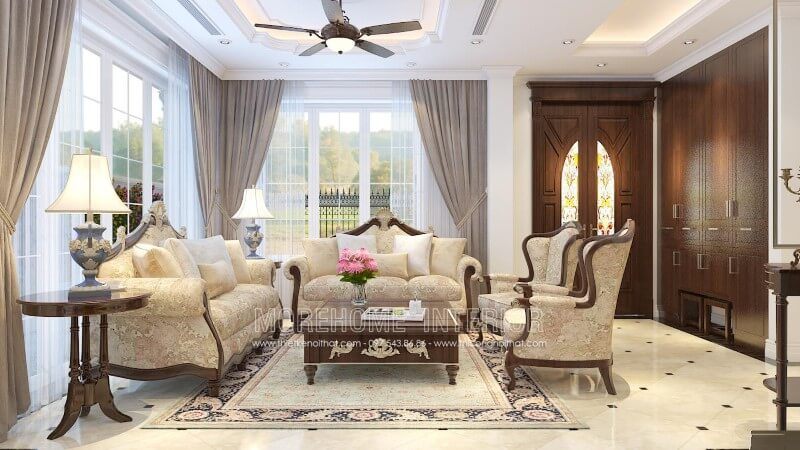Phòng khách trở nên nổi bật, quý phái hơn với mẫu Sofa Tân cổ điển cao cấp gỗ tự nhiên bọc nỉ hoa văn