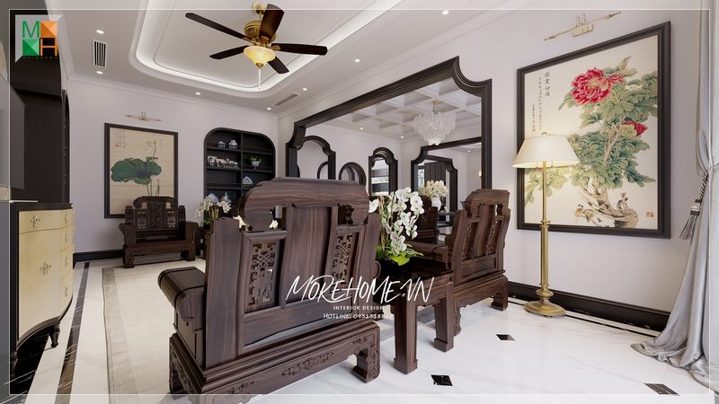 Ấn tượng với mẫu thiết kế phòng khách mang phong cách thiết kế Indochine của đội ngũ KTS của Morehome.