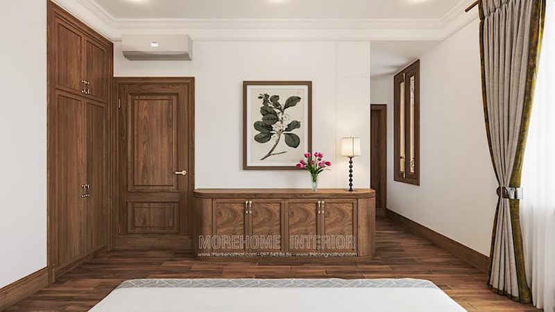 Không gian phòng ngủ nhà bạn sẽ trở nên đặc biệt hơn và ấm cúng hơn khi bố trí bằng kệ decor gỗ tự nhiên.