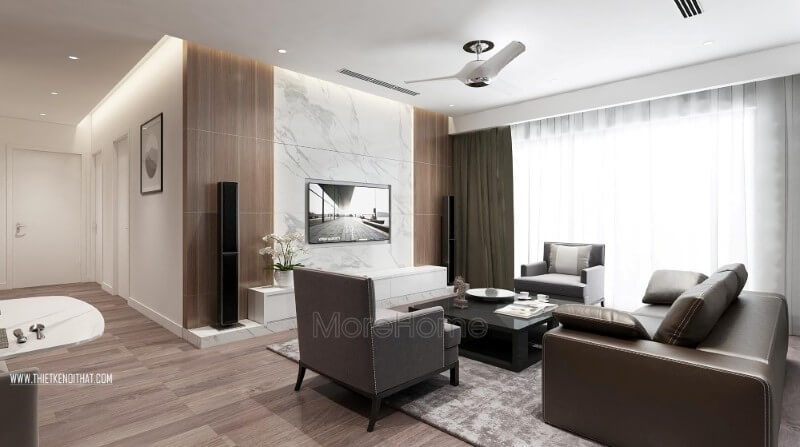 . Không cần quá cầu kỳ trong việc trang trí, thiết kế phòng khách chung cư cao cấp sử dụng những chi tiết đơn giản nhưng vẫn đảm bảo được sự sang trọng và tiện nghi của không gian.