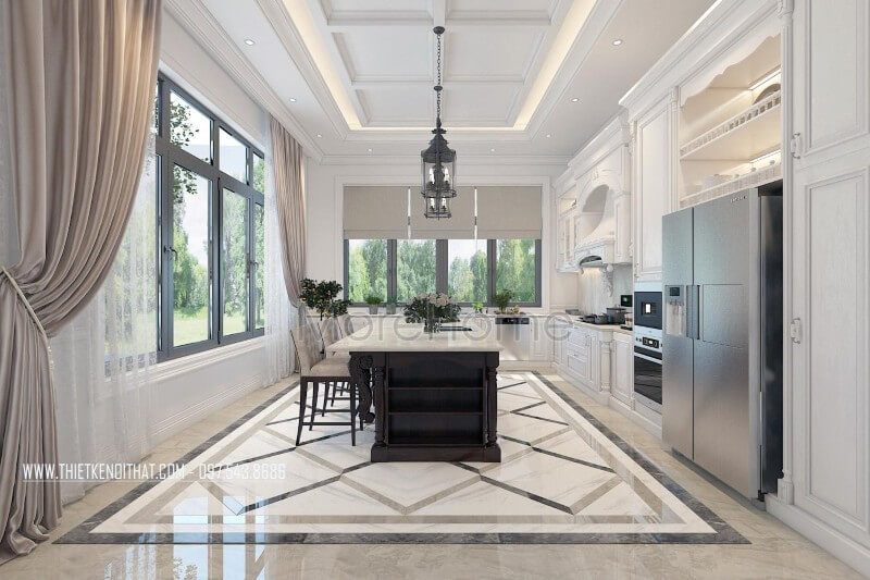 Nội thất phòng bếp gỗ tự nhiên được bố trí một cách hợp lí, bao gồm bộ tủ bếp hoàng gia và một chiếc bàn đảo đặt ở giữa, cung cấp nhiều tính năng như: bàn ăn phụ, quầy bar... giúp tạo ra sự thuận tiện cho chủ nhân của biệt thự.